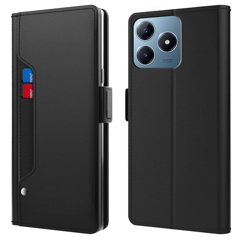 For Realme Note 60x 4G / C63 4G / C61 4G / Narzo N63 4G Case with Mirror PU Leather Phone Cover Credit Card Holder - Black - 1