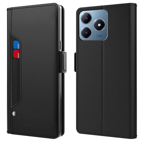For Realme Note 60x 4G / C63 4G / C61 4G / Narzo N63 4G Case with Mirror PU Leather Phone Cover Credit Card Holder - Black - 1