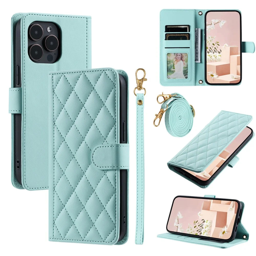 For iPhone 16 Pro Max Wallet Case Rhombus Grid PU Leather Phone Cover - Mint Green - 1