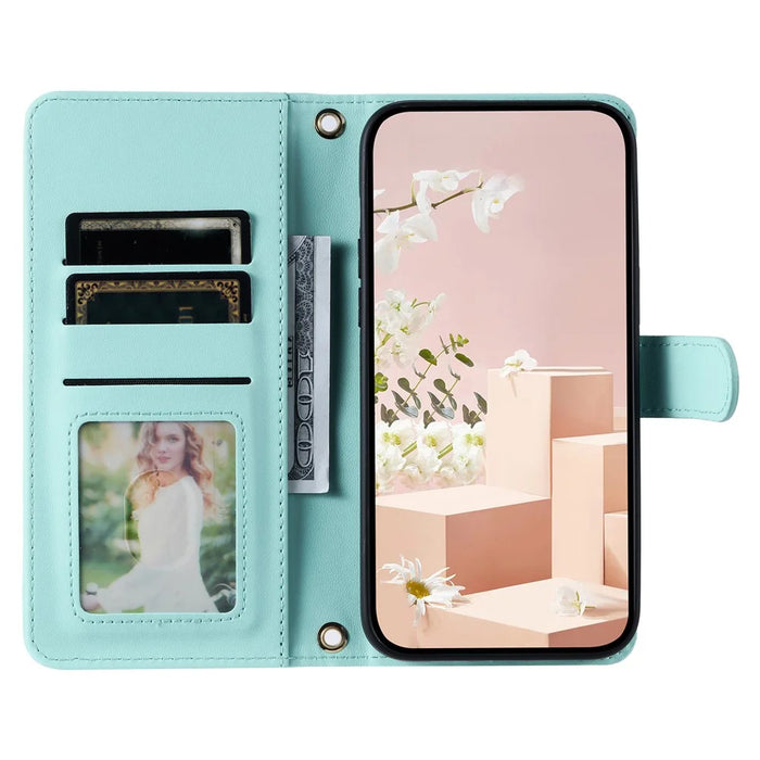 For iPhone 16 Pro Max Wallet Case Rhombus Grid PU Leather Phone Cover - Mint Green - 2