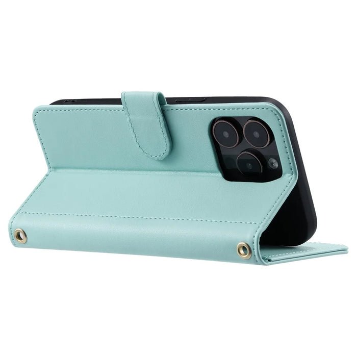 For iPhone 16 Pro Max Wallet Case Rhombus Grid PU Leather Phone Cover - Mint Green - 3