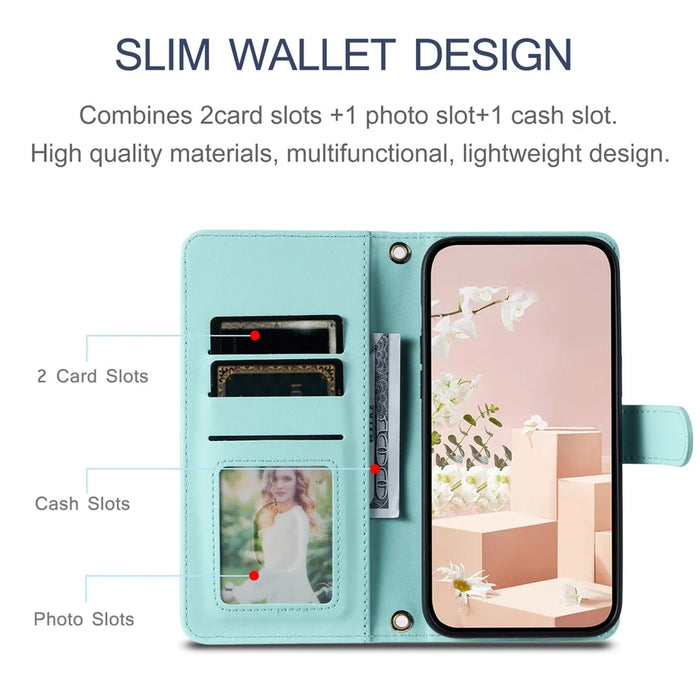For iPhone 16 Pro Max Wallet Case Rhombus Grid PU Leather Phone Cover - Mint Green - 6