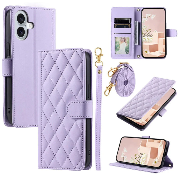 For iPhone 16 Plus Case Rhombus Grid PU Leather Wallet Crossbody Phone Cover - Purple - 1