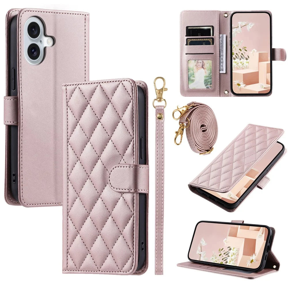 For iPhone 16 Case Rhombus Grid Leather Phone Cover with 2 Straps - Rose Gold - 1