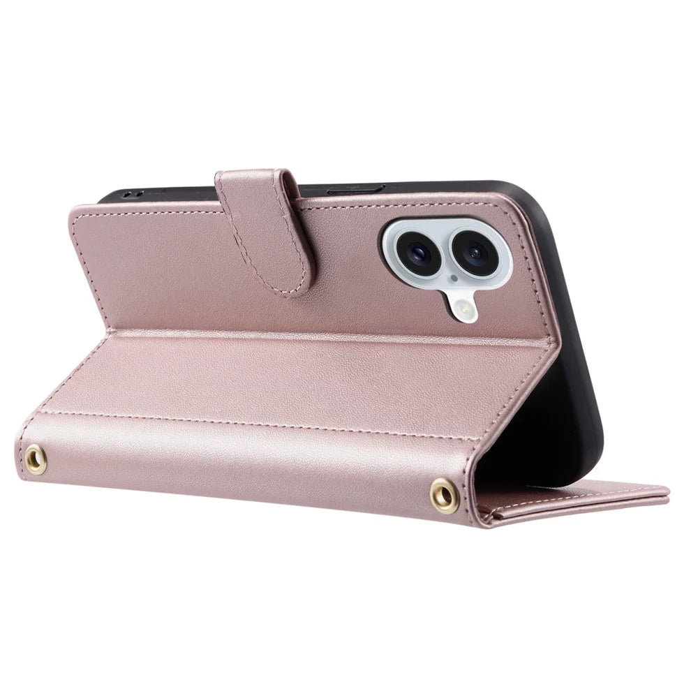 For iPhone 16 Case Rhombus Grid Leather Phone Cover with 2 Straps - Rose Gold - 3