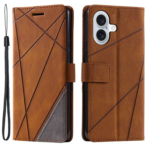 For iPhone 16 Plus Case Imprinted Lines PU Leather Splicing Wallet Phone Cover - Brown - 1
