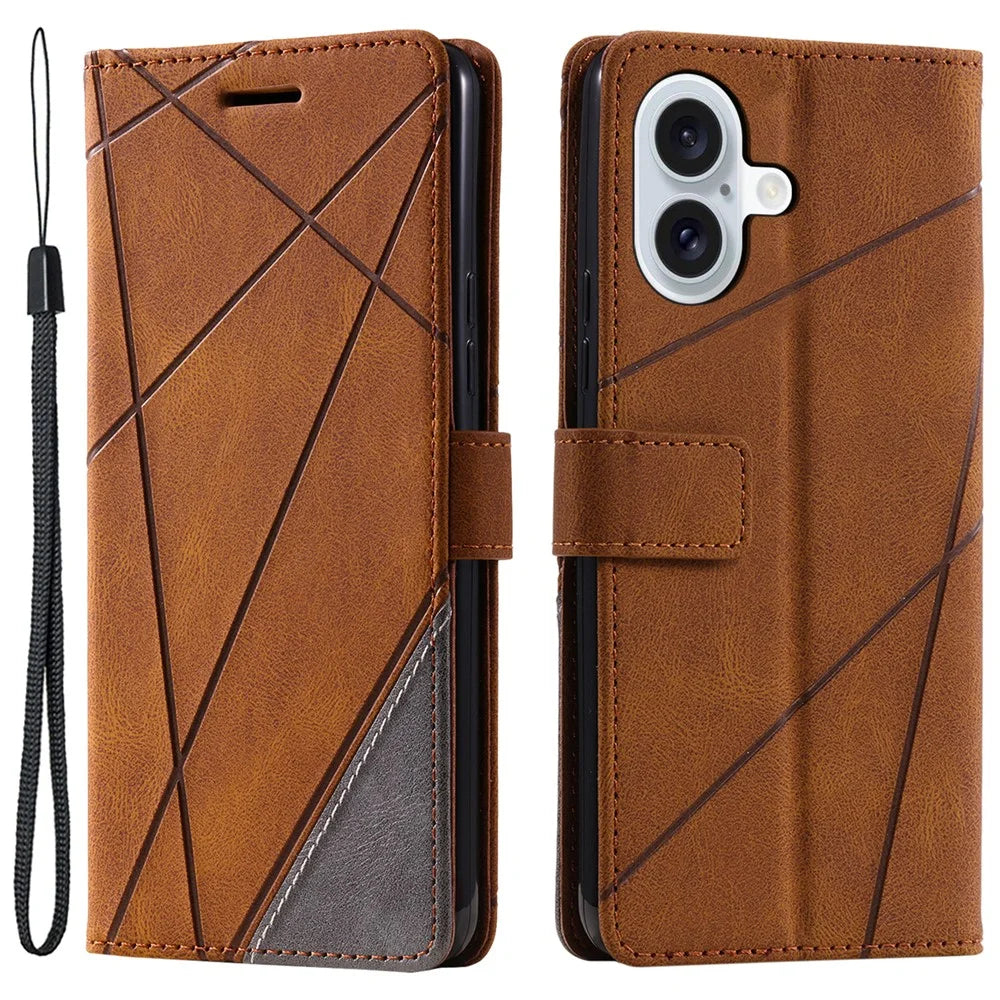 For iPhone 16 Plus Case Imprinted Lines PU Leather Splicing Wallet Phone Cover - Brown - 1