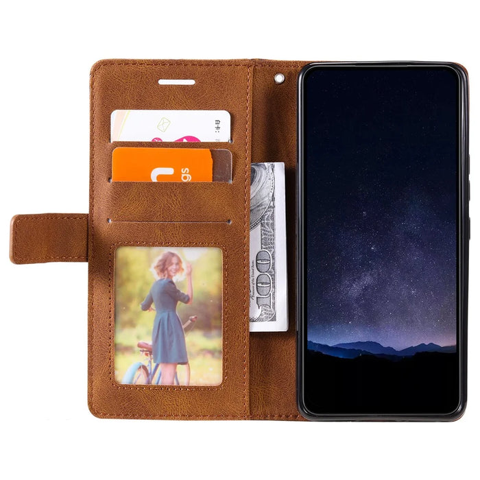 For iPhone 16 Plus Case Imprinted Lines PU Leather Splicing Wallet Phone Cover - Brown - 2