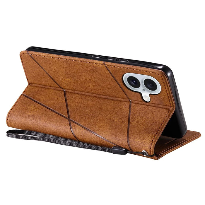 For iPhone 16 Plus Case Imprinted Lines PU Leather Splicing Wallet Phone Cover - Brown - 3