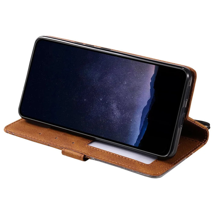 For iPhone 16 Plus Case Imprinted Lines PU Leather Splicing Wallet Phone Cover - Brown - 4