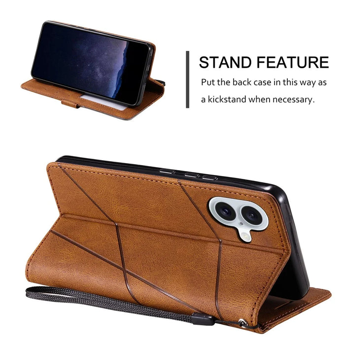 For iPhone 16 Plus Case Imprinted Lines PU Leather Splicing Wallet Phone Cover - Brown - 7