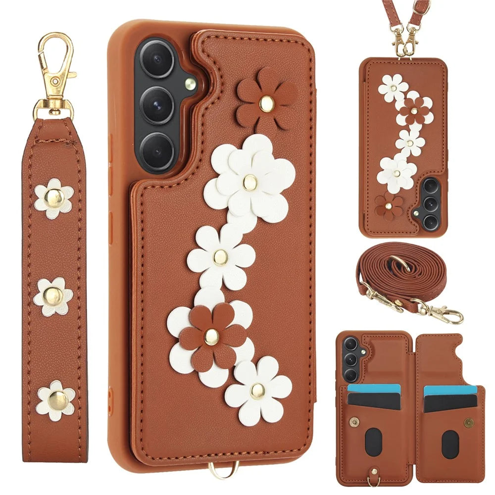 SY-001 For Samsung Galaxy S23 FE Case Card Holder Leather+TPU Flower Phone Cover - Brown - 1