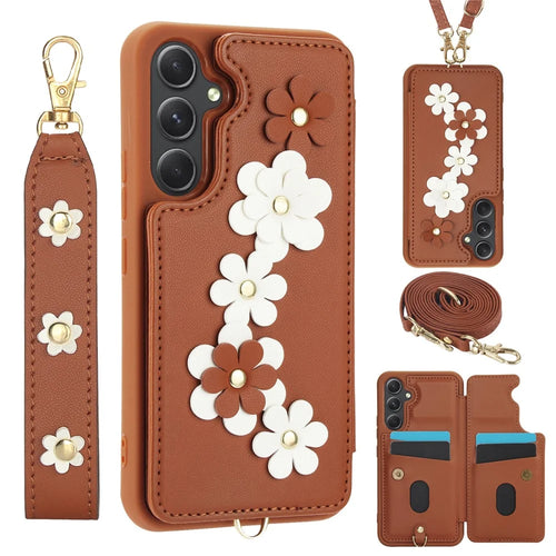 SY-001 For Samsung Galaxy S23 FE Case Card Holder Leather+TPU Flower Phone Cover - Brown - 1