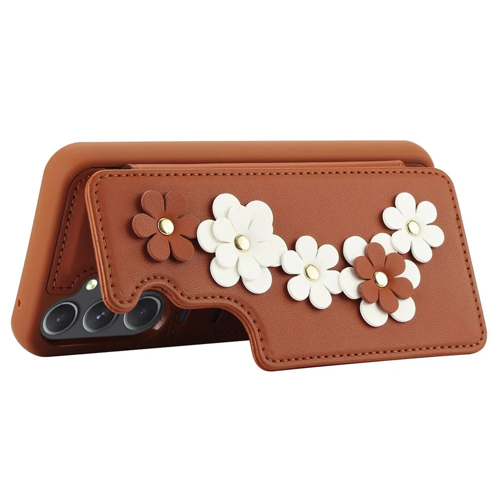 SY-001 For Samsung Galaxy S23 FE Case Card Holder Leather+TPU Flower Phone Cover - Brown - 3