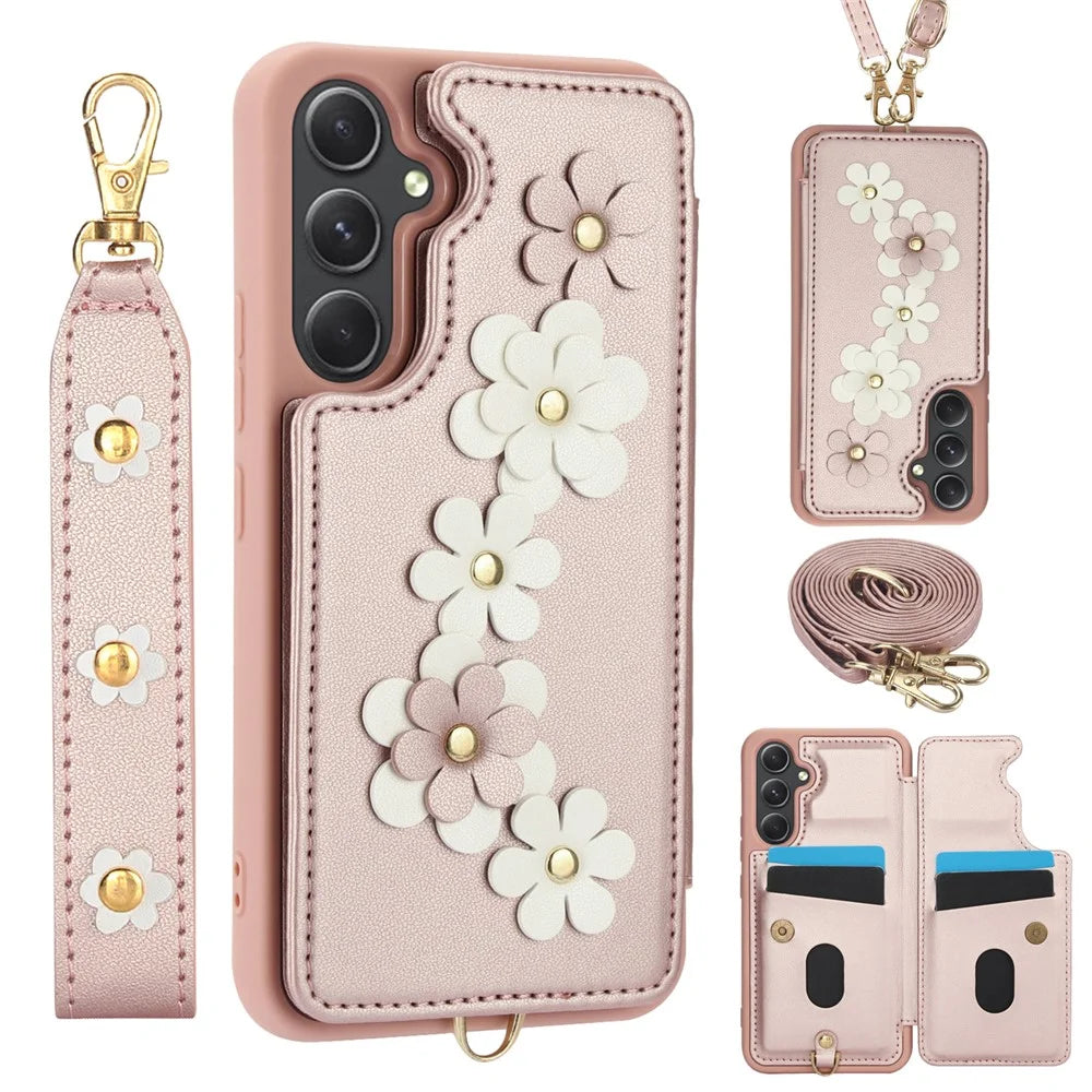 SY-001 For Samsung Galaxy A35 5G Case Card Holder Kickstand Leather Coated TPU Phone Cover - Pink - 1