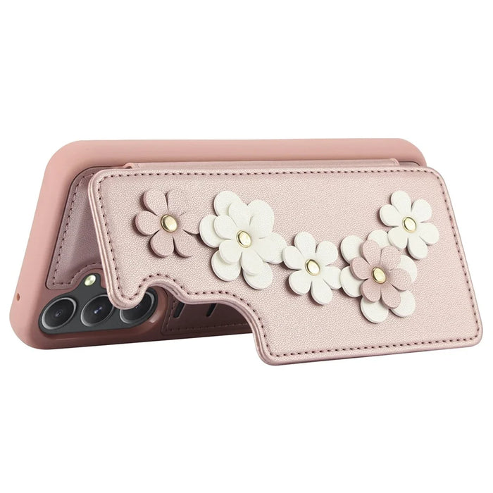 SY-001 For Samsung Galaxy A35 5G Case Card Holder Kickstand Leather Coated TPU Phone Cover - Pink - 3