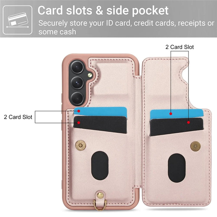 SY-001 For Samsung Galaxy A35 5G Case Card Holder Kickstand Leather Coated TPU Phone Cover - Pink - 7