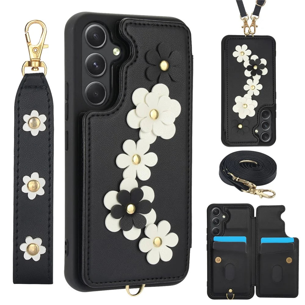 SY-001 For Samsung Galaxy A15 4G / 5G Case Card Slots Leather+TPU Phone Cover with 2 Straps - Black - 1