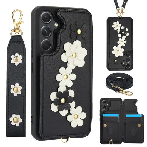 SY-001 For Samsung Galaxy A15 4G / 5G Case Card Slots Leather+TPU Phone Cover with 2 Straps - Black - 1