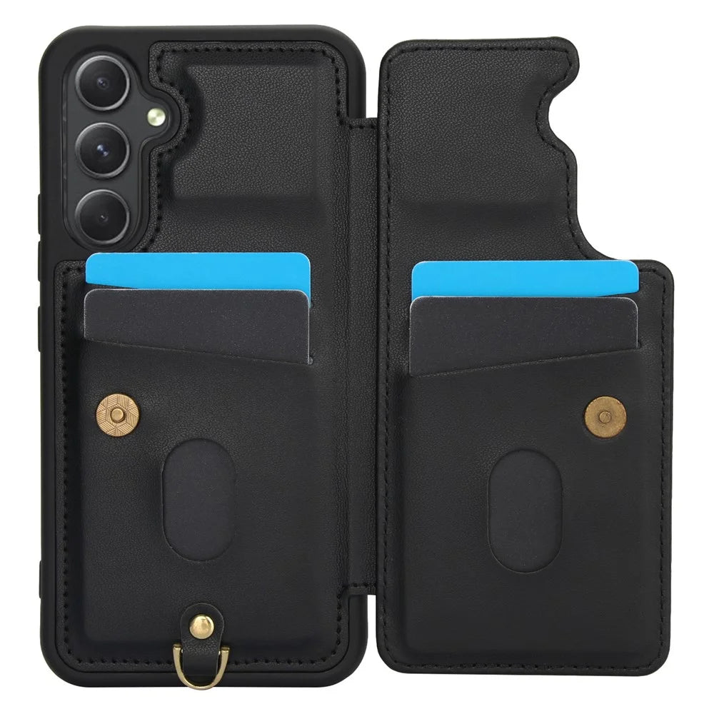 SY-001 For Samsung Galaxy A15 4G / 5G Case Card Slots Leather+TPU Phone Cover with 2 Straps - Black - 2