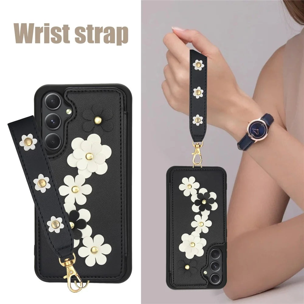 SY-001 For Samsung Galaxy A15 4G / 5G Case Card Slots Leather+TPU Phone Cover with 2 Straps - Black - 5