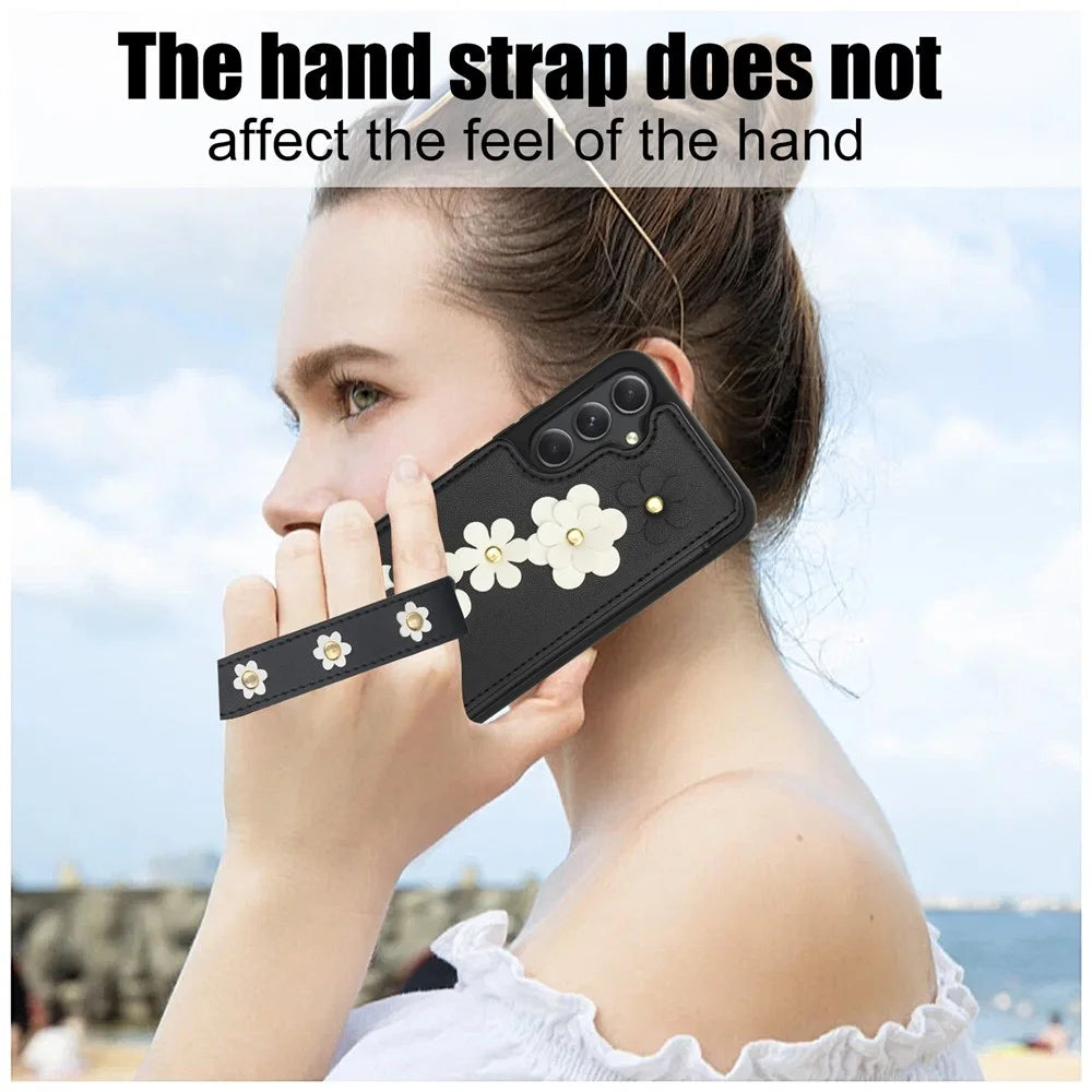 SY-001 For Samsung Galaxy A15 4G / 5G Case Card Slots Leather+TPU Phone Cover with 2 Straps - Black - 6