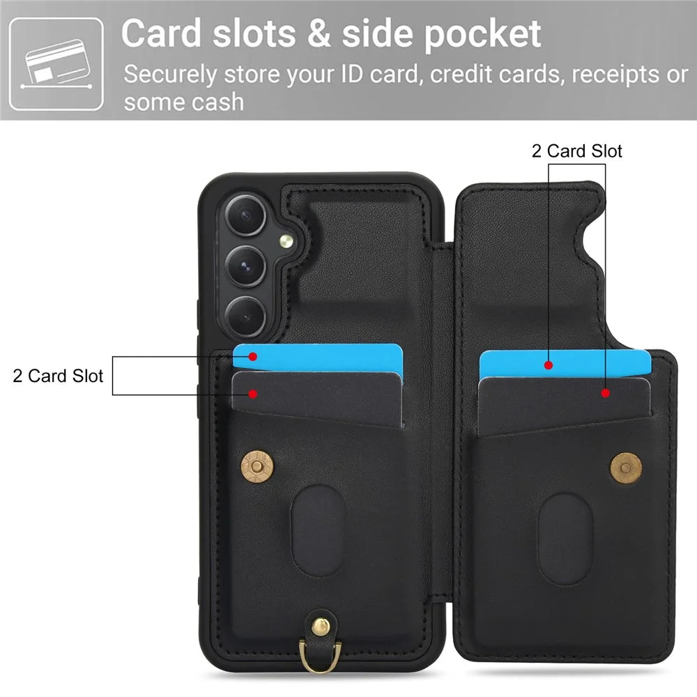 SY-001 For Samsung Galaxy A15 4G / 5G Case Card Slots Leather+TPU Phone Cover with 2 Straps - Black - 7