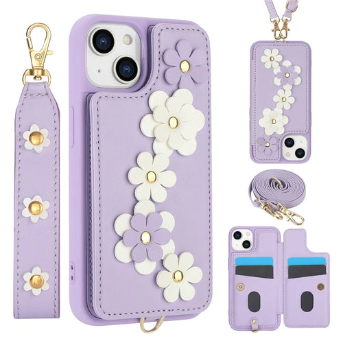 SY-001 For iPhone 15 Case Flower Leather Coated TPU Phone Cover with Shoulder Strap - Purple - 1