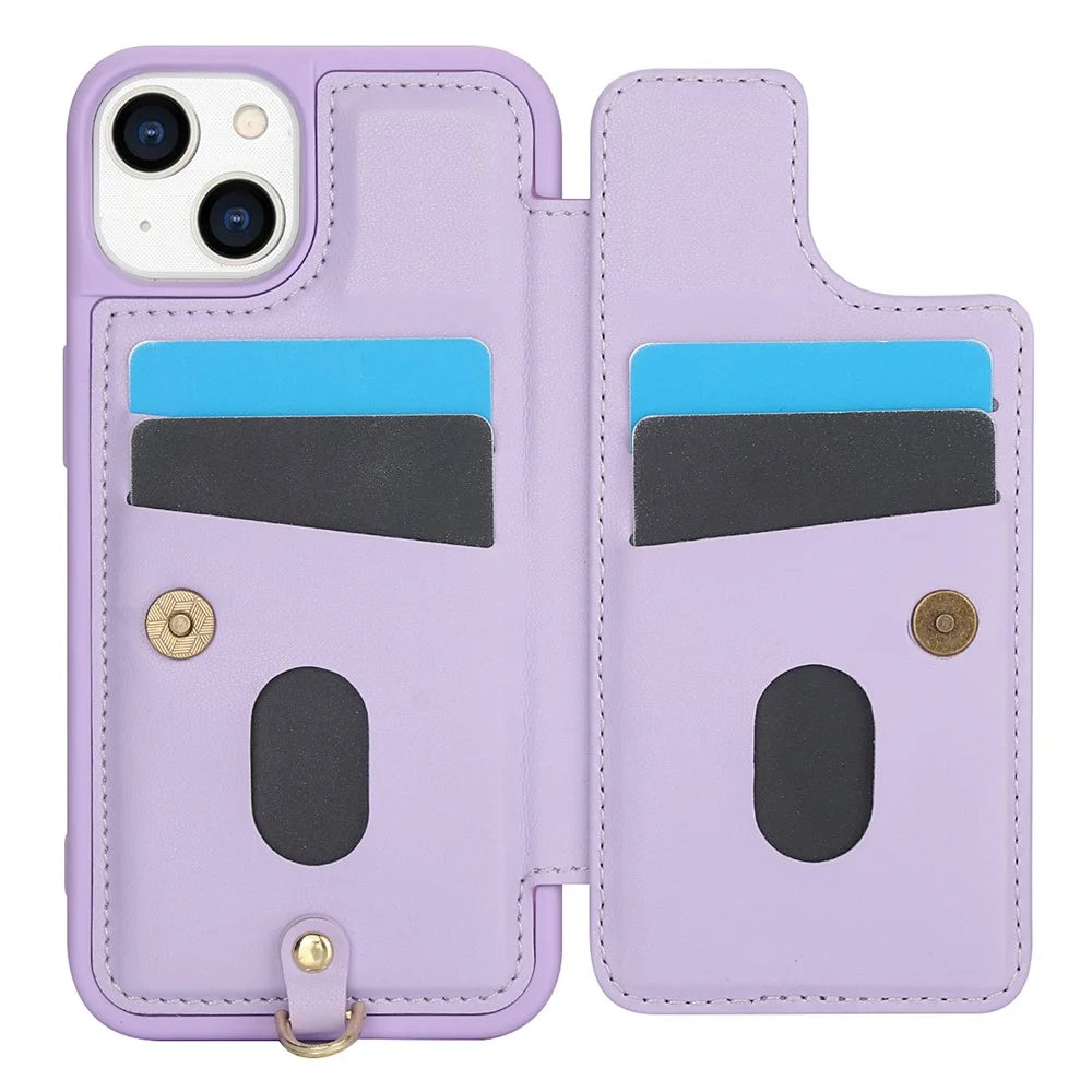 SY-001 For iPhone 15 Case Flower Leather Coated TPU Phone Cover with Shoulder Strap - Purple - 2