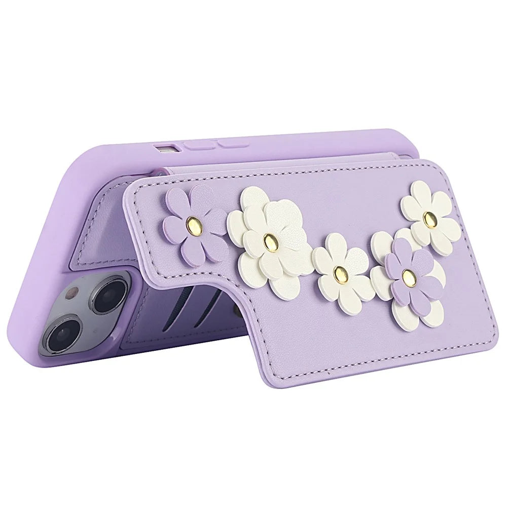 SY-001 For iPhone 15 Case Flower Leather Coated TPU Phone Cover with Shoulder Strap - Purple - 3