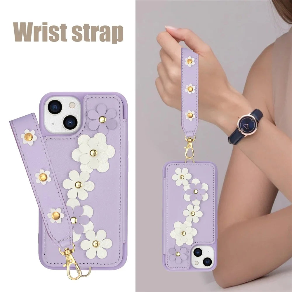 SY-001 For iPhone 15 Case Flower Leather Coated TPU Phone Cover with Shoulder Strap - Purple - 4