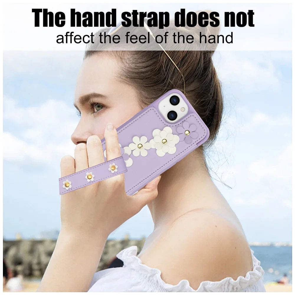 SY-001 For iPhone 15 Case Flower Leather Coated TPU Phone Cover with Shoulder Strap - Purple - 5