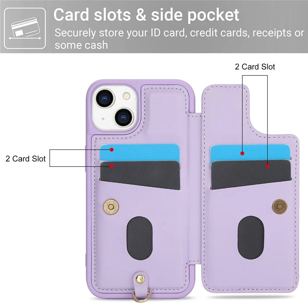 SY-001 For iPhone 15 Case Flower Leather Coated TPU Phone Cover with Shoulder Strap - Purple - 6