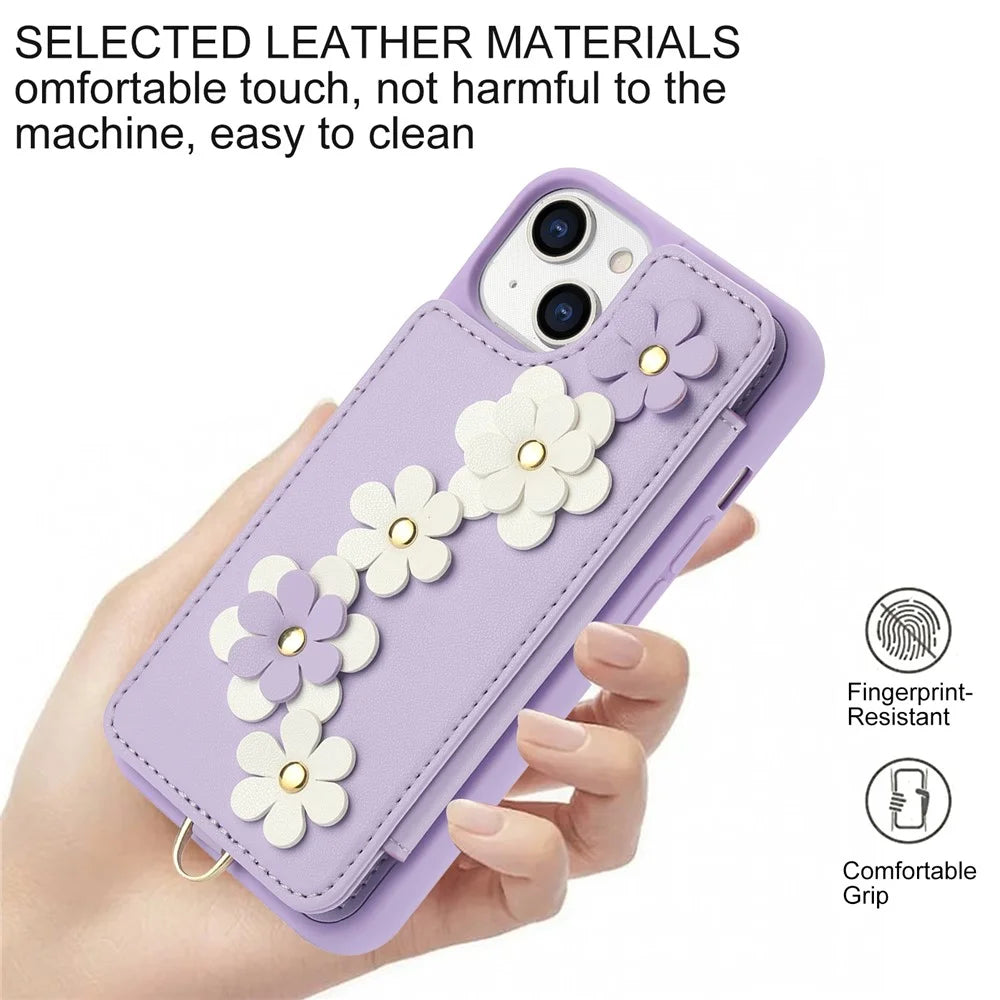 SY-001 For iPhone 15 Case Flower Leather Coated TPU Phone Cover with Shoulder Strap - Purple - 7
