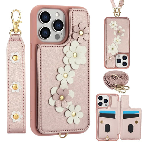 SY-001 For iPhone 15 Pro Case Card Slots Leather Coated TPU Flower Phone Cover - Pink - 1