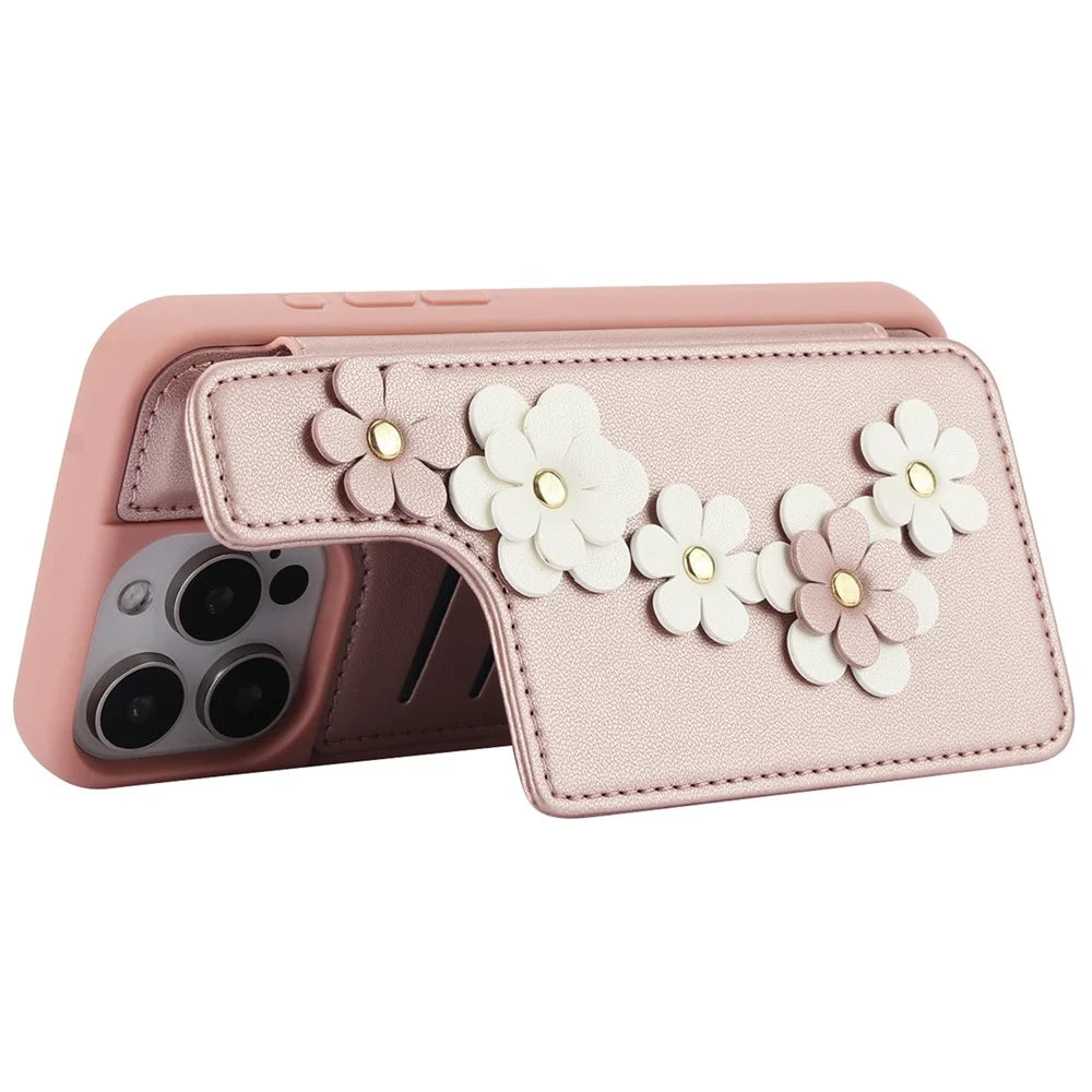 SY-001 For iPhone 15 Pro Case Card Slots Leather Coated TPU Flower Phone Cover - Pink - 3