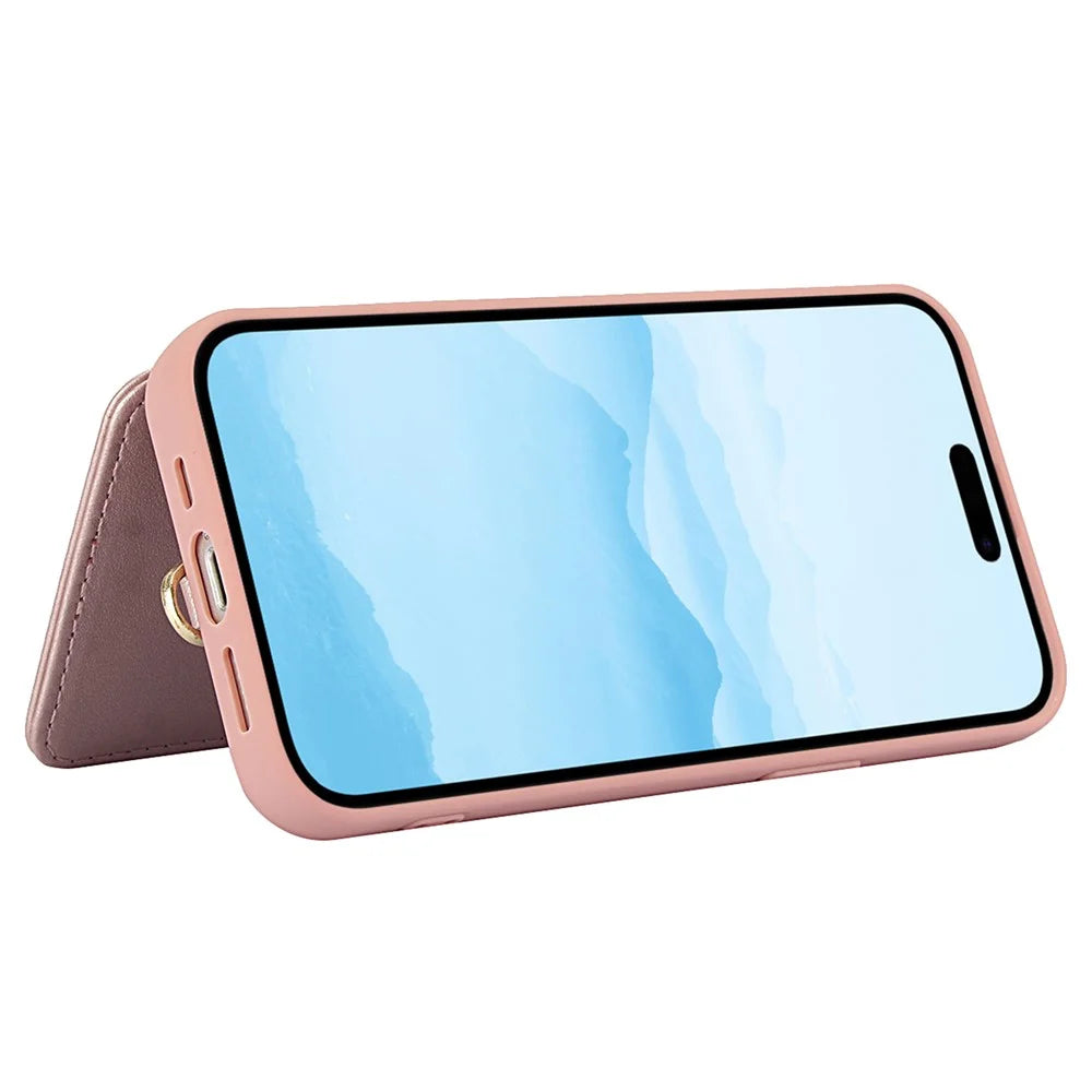 SY-001 For iPhone 15 Pro Case Card Slots Leather Coated TPU Flower Phone Cover - Pink - 4