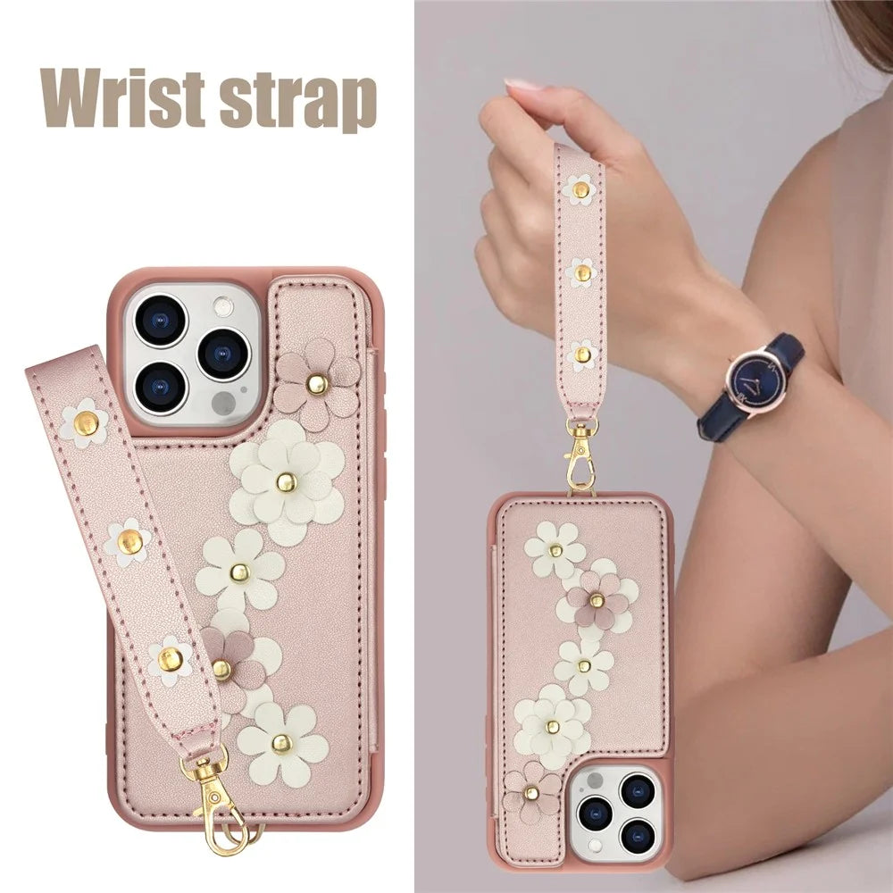 SY-001 For iPhone 15 Pro Case Card Slots Leather Coated TPU Flower Phone Cover - Pink - 5