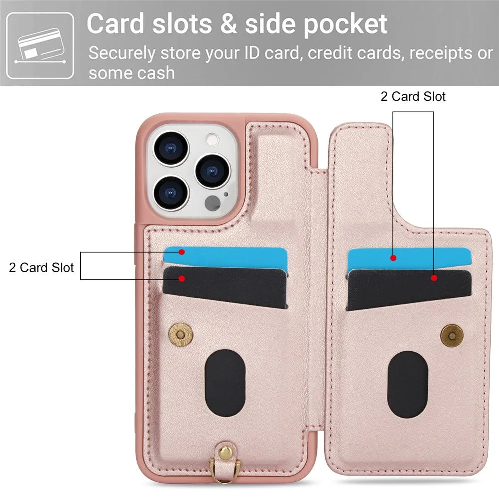 SY-001 For iPhone 15 Pro Case Card Slots Leather Coated TPU Flower Phone Cover - Pink - 7