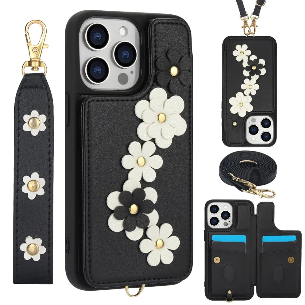 SY-001 For iPhone 15 Pro Max Case Leather Back Phone Cover with Hand Strap + Shoulder Strap - Black - 1