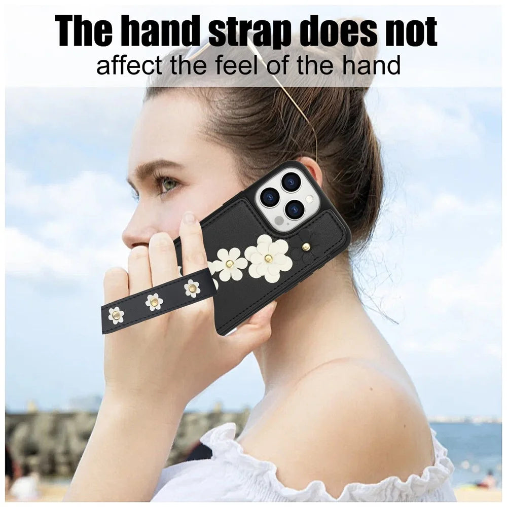 SY-001 For iPhone 15 Pro Max Case Leather Back Phone Cover with Hand Strap + Shoulder Strap - Black - 6
