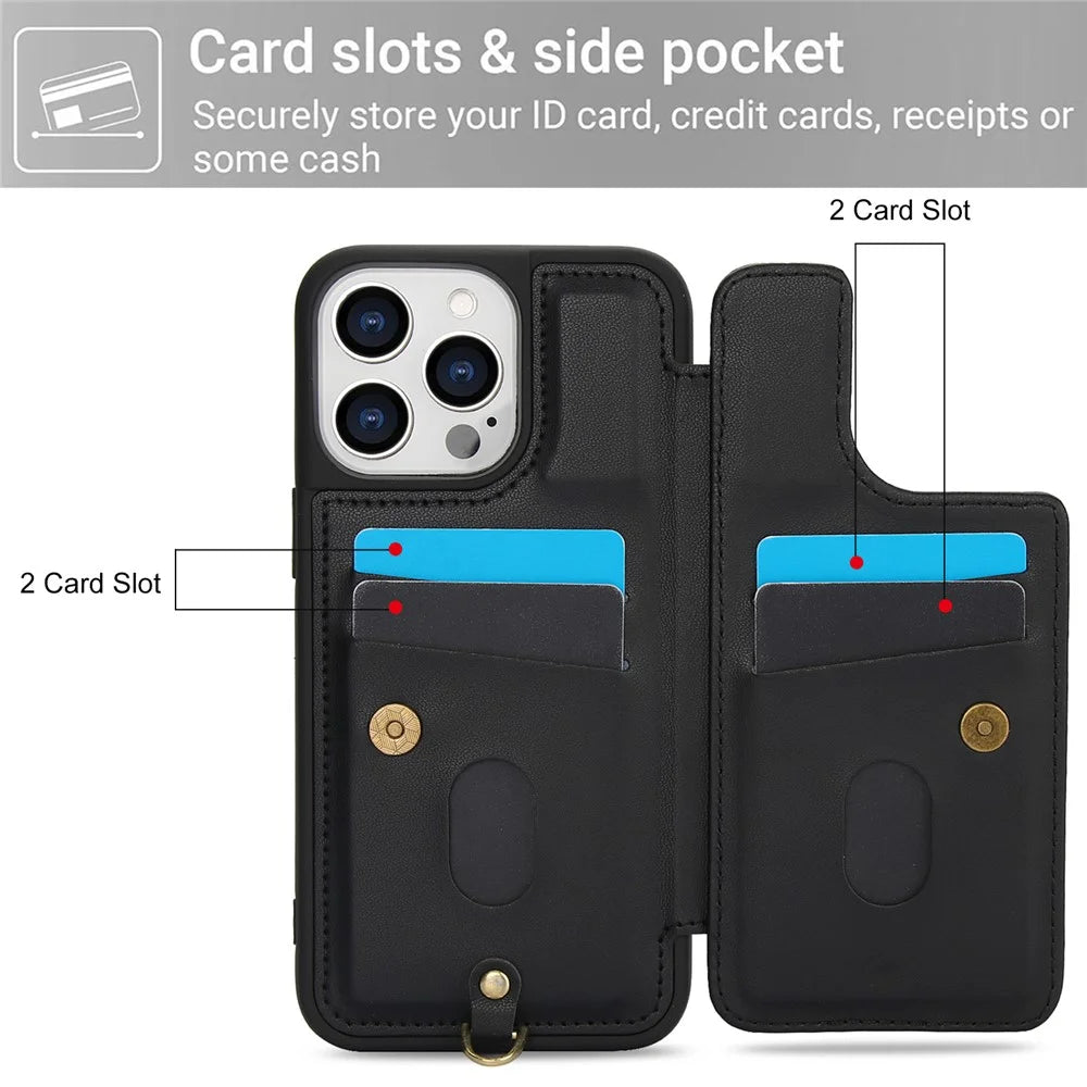 SY-001 For iPhone 15 Pro Max Case Leather Back Phone Cover with Hand Strap + Shoulder Strap - Black - 7