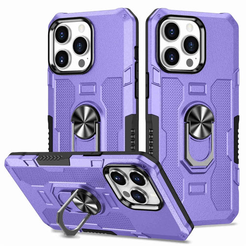 For iPhone 13 Pro 6.1 inch Anti-fall Phone Case Kickstand Anti-scratch PC + TPU Hybrid Back Cover with Ring Holder Built-in Metal Sheet - Purple - 1