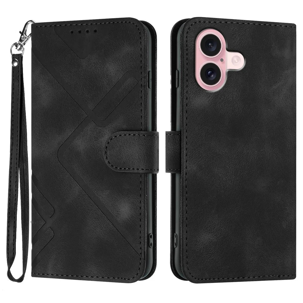 YX0040 For iPhone 16 Case Leather Wallet Flip Phone Cover Geometry Imprinted - Black - 1