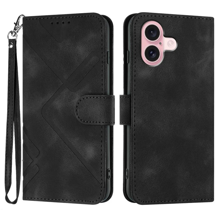 YX0040 For iPhone 16 Case Leather Wallet Flip Phone Cover Geometry Imprinted - Black - 1