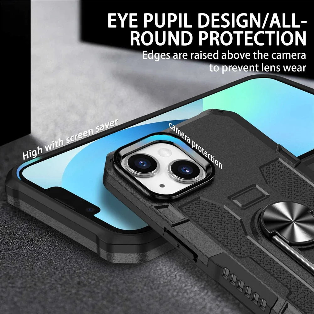 For iPhone 13 mini 5.4 inch Anti-scratch Phone Case Ring Holder Kickstand PC + TPU Phone Back Cover Built-in Metal Sheet - Black - 4