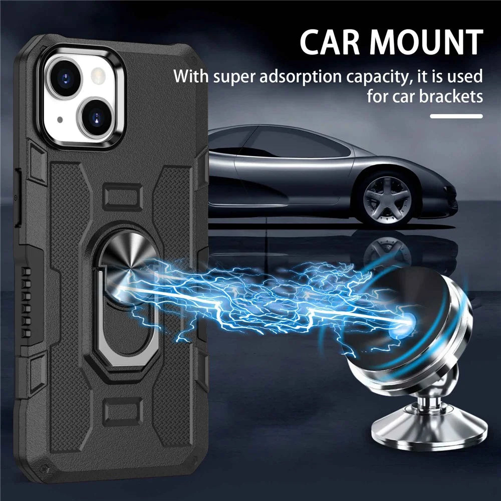 For iPhone 13 mini 5.4 inch Anti-scratch Phone Case Ring Holder Kickstand PC + TPU Phone Back Cover Built-in Metal Sheet - Black - 5