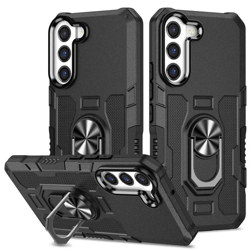 For Samsung Galaxy S22 5G Anti-drop Phone Case Ring Holder Kickstand Protective Phone Cover Built-in Metal Sheet - Black - 1