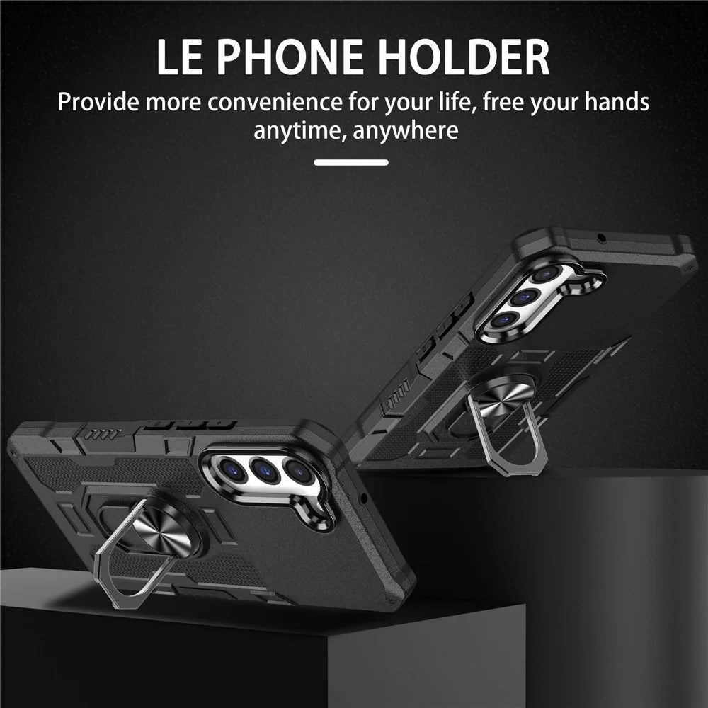 For Samsung Galaxy S22 5G Anti-drop Phone Case Ring Holder Kickstand Protective Phone Cover Built-in Metal Sheet - Black - 2