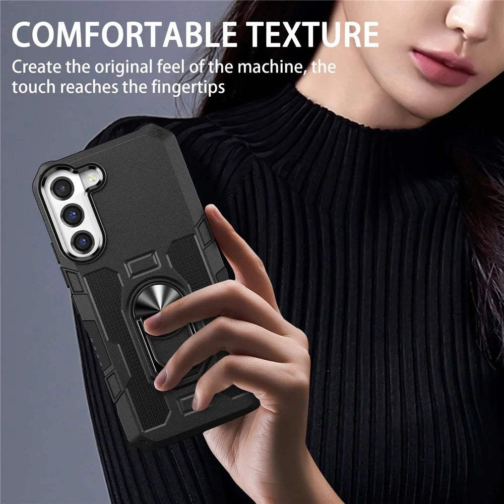 For Samsung Galaxy S22 5G Anti-drop Phone Case Ring Holder Kickstand Protective Phone Cover Built-in Metal Sheet - Black - 3